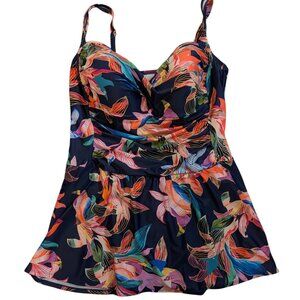 Swim Dress 24W One Piece Swimsuit Navy Floral Full Coverage No Wire Plus Size